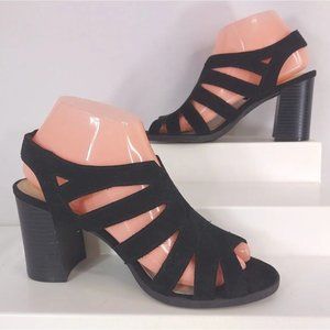 Dexflex Comfort Strappy Block Heels Stretch Sandals Size 7.5 Wide Open Toe Slip